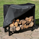 Firewood log rack cover keeps wood dry for next fire.
