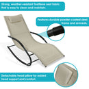 Infographic listing three features of the beige rocking, wave lounger chair.