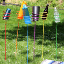 Set of six multi-colored metal drink holders with a spiral top for holding beverages.