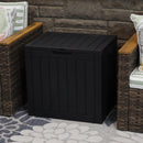 Closed black, small storage box in between two patio chairs.