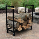 Steel firewood log rack holding logs and fire tools near the outdoor fire pit.
