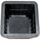 Aerial view of black, faux rattan inside storage area.